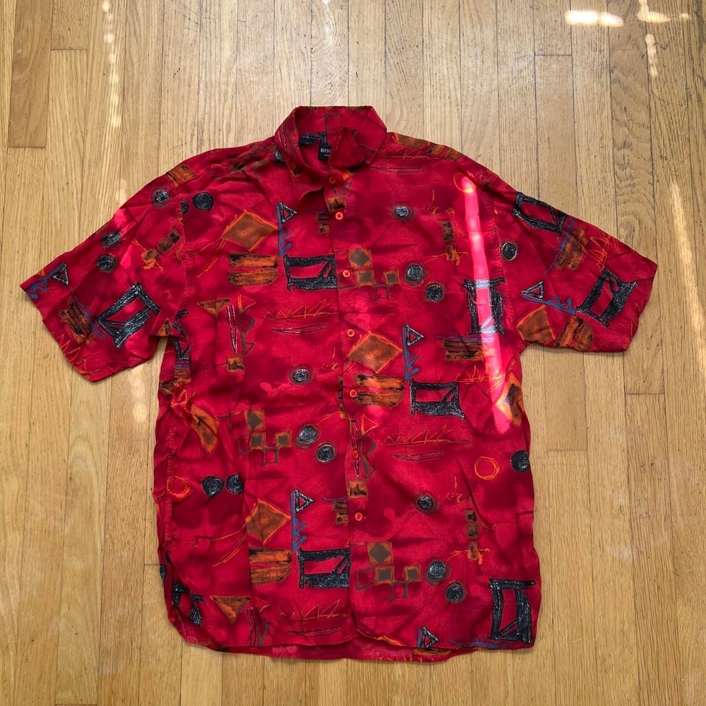 Riscatto Red button-up shirt with black and orange geometric shapes